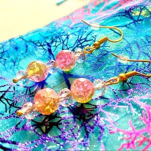 Gold and Pink Beaded Gold Earrings